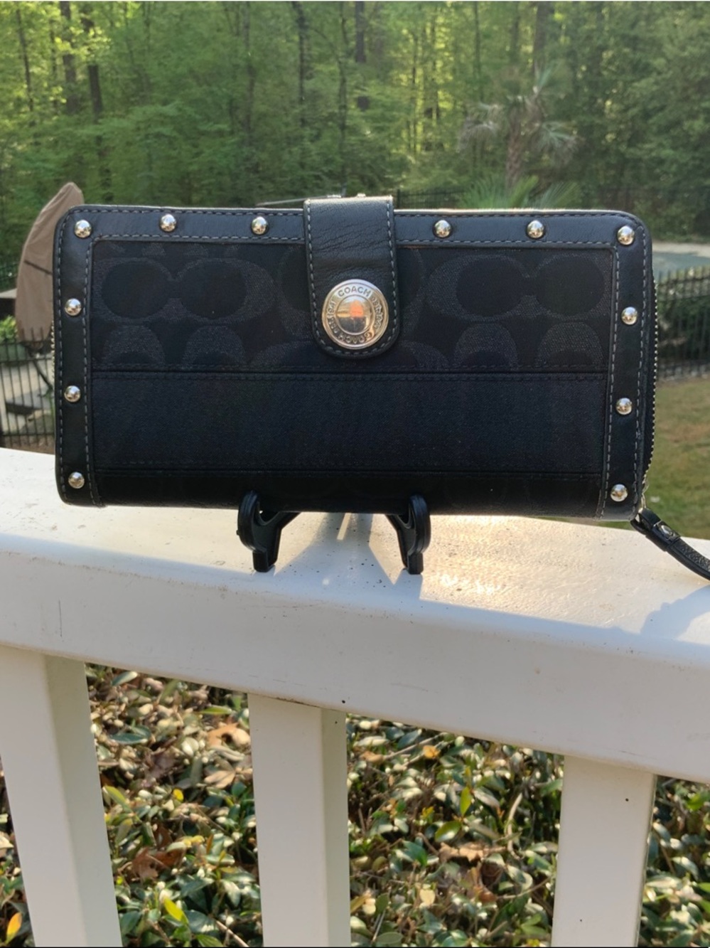 Coach Signature Black Lurex with Leather Trim Studded Wallet 2008 legacy